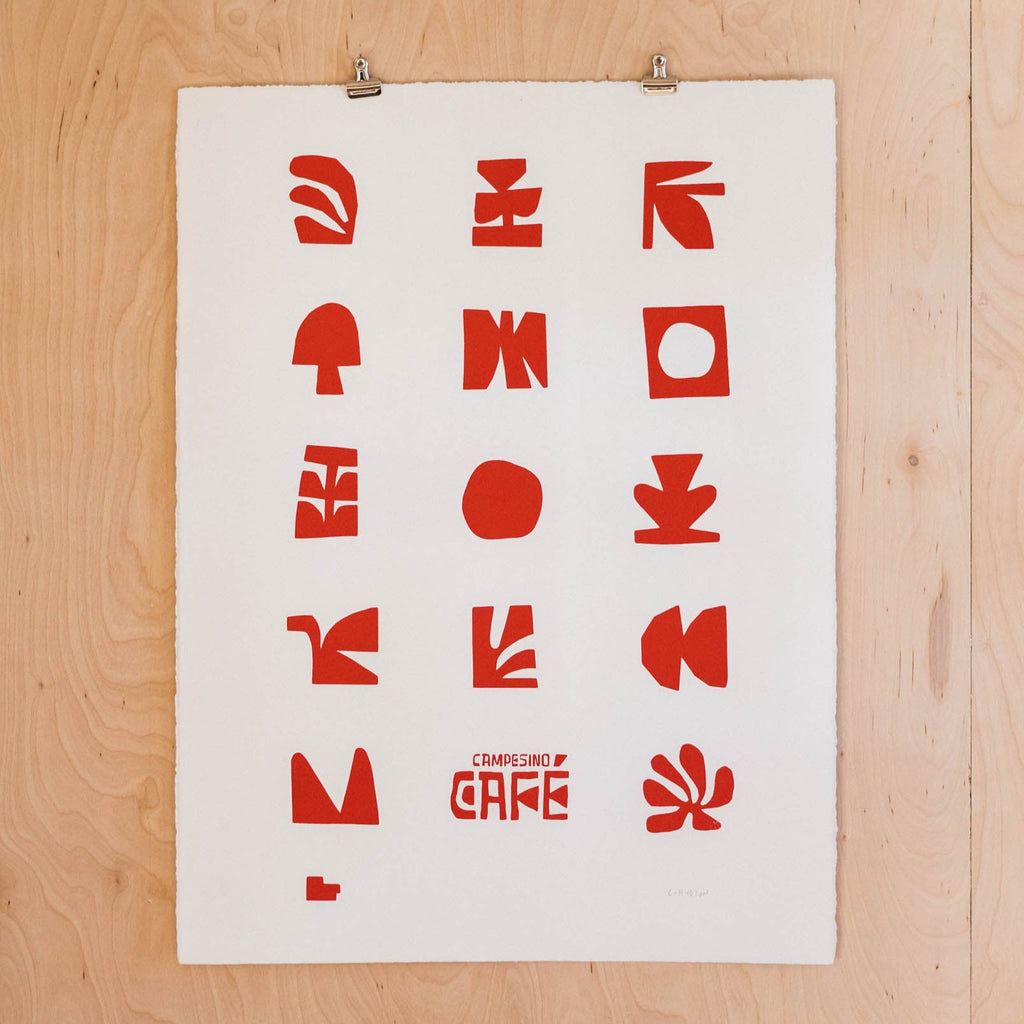 red abstract nature shapes screen print poster with campesino cafe logo